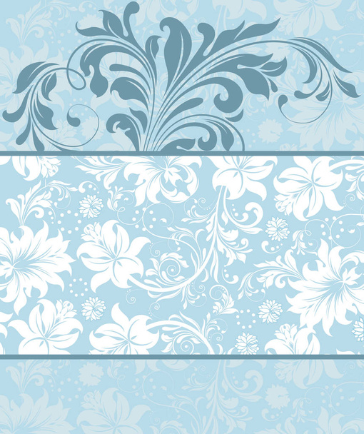 Vintage uitnodigingskaart met sierlijke elegante retro abstract floral design, teal blauwe en witte bloemen en bladeren op lichte blauwe achtergrond. Vectorillustratie. - Vector, afbeelding