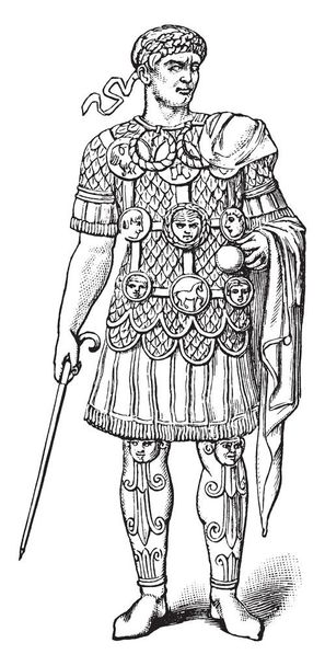 Roman Centurion era un ufficiale di grado medio-basso responsabile di un secolo, disegno a linee vintage o illustrazione di incisione
. - Vettoriali, immagini