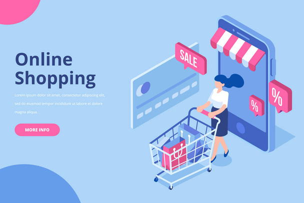 Online Shopping isometric vector concept. Isometric people with shopping bags. Big sale. Happy shoppers.  Flat vector isolated  illustration. - Vector, Image