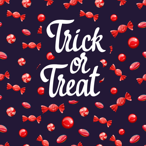 Happy Halloween poster with multicolored candy pattern. Funny vector illustration for holiday in cartoon style. Seamless background. - Vektori, kuva