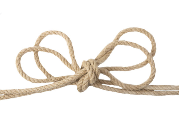Close-up of node or knot from two ropes isolated on a white background. Navy and angler knot. - Valokuva, kuva
