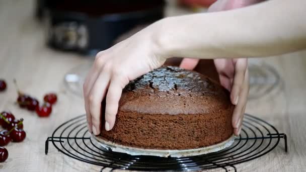 Girl remove chocolate cake from the mold. - Filmati, video