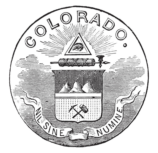 das offizielle Siegel des US-Bundesstaates Colorado von 1889, dieses Siegel hat das Auge der Vorsehung oben im Dreieck, darunter die Stange mit einer zusammengebundenen Schlachtaxt, ein Schild mit Spitzhacke und Hammer, Vintage-Linienzeichnung oder Gravierillustration - Vektor, Bild