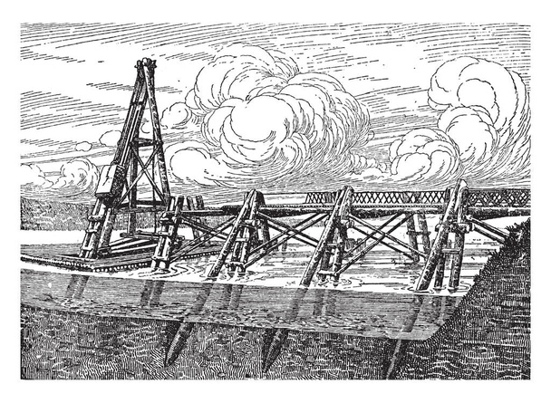 Caesar's Bridge Over the Rhine, built by Julius Caesar, his legionaries to aid in crossing the Rhine River, considered masterpieces of military engineering, vintage line drawing or engraving illustration. - Vector, Image