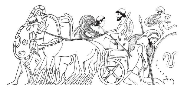 Achilles ül a lovas szekér. A görög mitológiában ló neve volt Hector, mely valójában egy trójai királyfi és harcos, vintage vonalas rajz vagy metszet illusztráció. - Vektor, kép