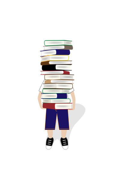 boy carries a big stack of books, isolated on the white background, vertical vector illustration - Vector, Image