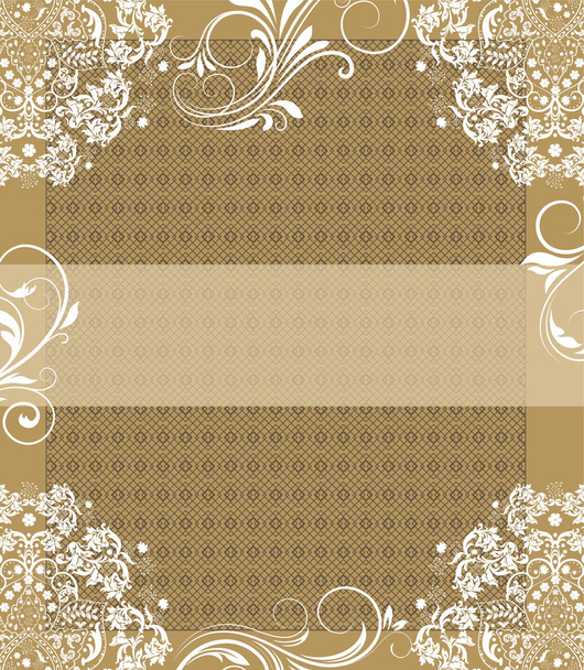Vintage invitation card with ornate elegant retro abstract floral design, white flowers and leaves on light brown mesh background with ribbon text label. Vector illustration - Vetor, Imagem