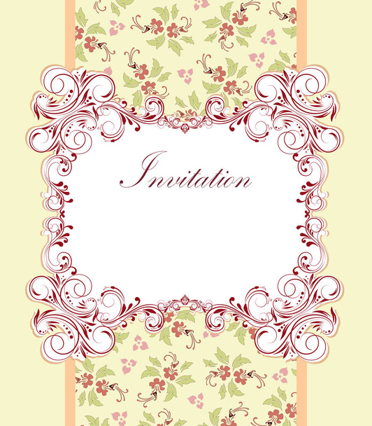Vintage uitnodigingskaart met sierlijke elegante retro abstract floral design, multi-gekleurde bloemen en bladeren op lichtgroene gele achtergrond met plaque tekstlabel. Vectorillustratie - Vector, afbeelding