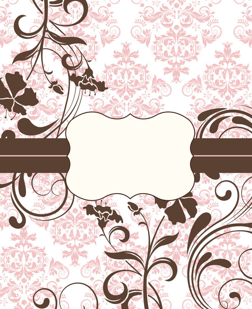 Tarjeta de invitación vintage con un elegante diseño floral retro abstracto adornado, flores y hojas marrones sobre fondo rosa y blanco con cinta y etiqueta de texto en placa. Ilustración vectorial
 - Vector, imagen