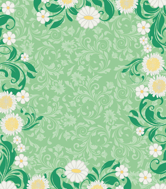 Vintage προσκλητήριο με περίτεχνες κομψές ρετρό αφηρημένο floral σχέδιο, λευκά και κίτρινα λουλούδια και πράσινα φύλλα σε ανοιχτό πράσινο φόντο με ετικέτα κειμένου. Εικονογράφηση διάνυσμα. - Διάνυσμα, εικόνα