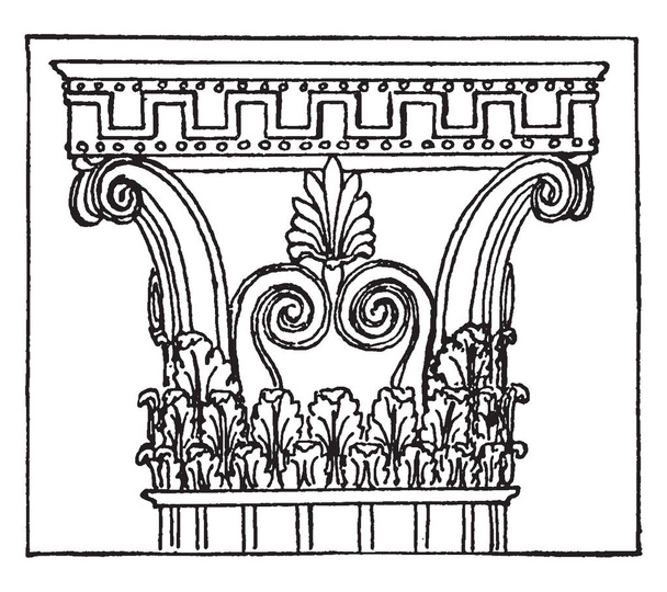 korinthisches Kapital aus Bassae, entwickelt, die drei wichtigsten klassischen Ordnungen, die dorische Ordnung, Kapital wurde in Bassae gefunden, Vintage-Linienzeichnung oder Gravierillustration. - Vektor, Bild