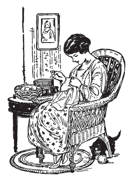 Женщина чинит одежду, сидя в кресле, рисуя винтажные линии или гравируя иллюстрации
 - Вектор,изображение
