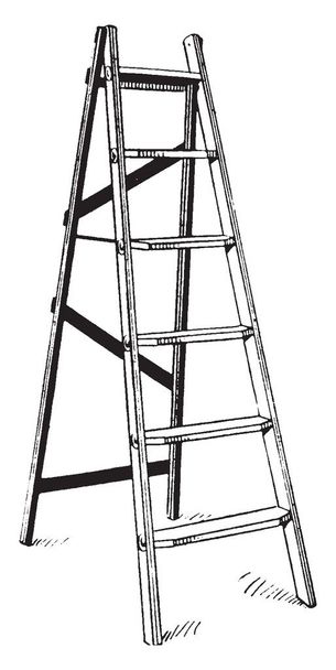 This illustration represents Open Stepladder which is opened to form an isosceles triangle with the ground, vintage line drawing or engraving illustration. - Vector, Image