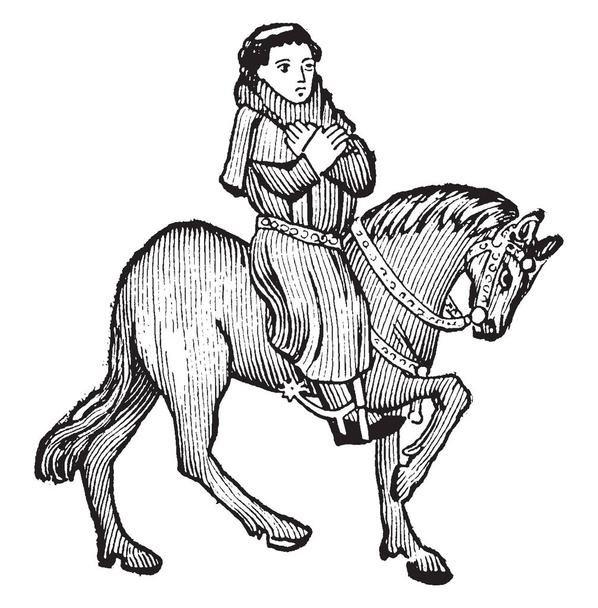 Chaucer 's Canterbury Talesin pastori, tässä kuvassa näkyy Pastori ratsastaa hevosella, pitää molemmat kädet rinnassa toisensa jälkeen, vintage-piirros tai kaiverrus kuva
 - Vektori, kuva