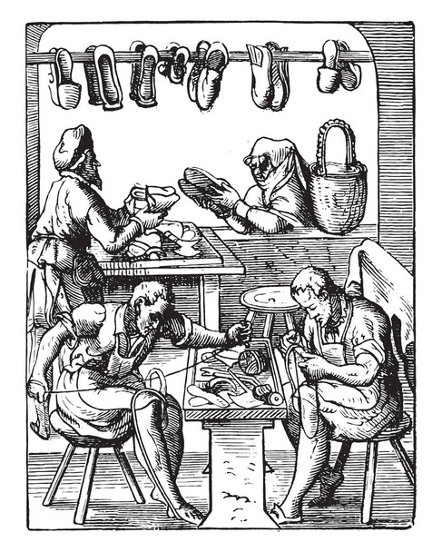Shoemaking workshop, vintage engraved illustration. Industrial encyclopedia E.-O. Lami - 1875 - Vector, Image