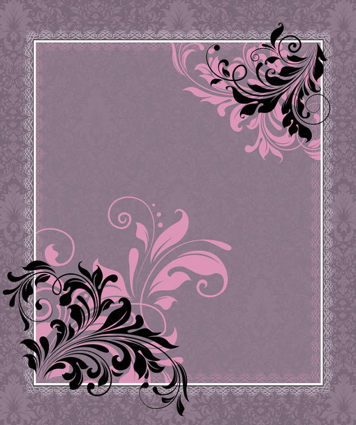 Vintage invitation card with ornate elegant retro abstract floral design, black and pink flowers and leaves on purple violet background with frame border. Vector illustration. - Vector, imagen