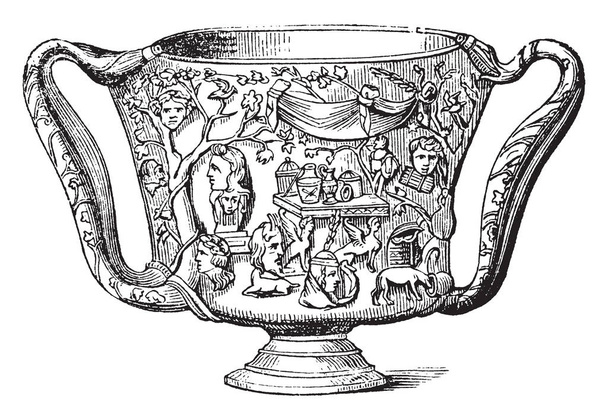 Carchesium was a beaker or drinking-cup and used by the Greeks in very early times, It was much employed in libations of wine or milk or blood and honey, vintage line drawing or engraving illustration. - Vector, Image