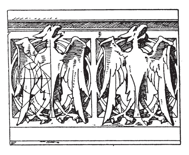 Parapeto gótico moderno es un diseño de piedra, continuación de una característica vertical, debajo del techo, dibujo de línea vintage o ilustración de grabado
. - Vector, imagen