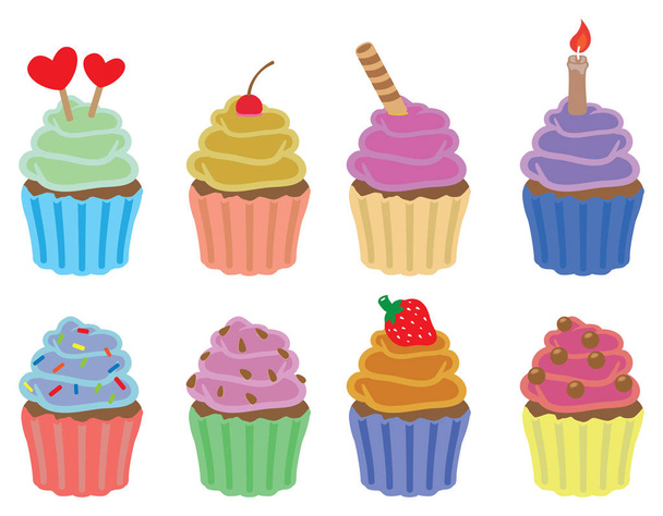 Set of eight colorful cupcakes vector icons isolated on white background - Vector, Image