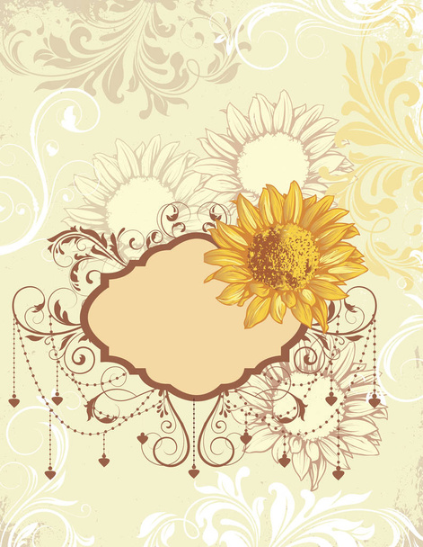 Vintage uitnodigingskaart met sierlijke elegante retro abstract floral design, geel oranje bleke geel en licht grijs bloemen en bladeren op wit en bleke geel groene achtergrond met plaque tekstlabel. Vectorillustratie - Vector, afbeelding