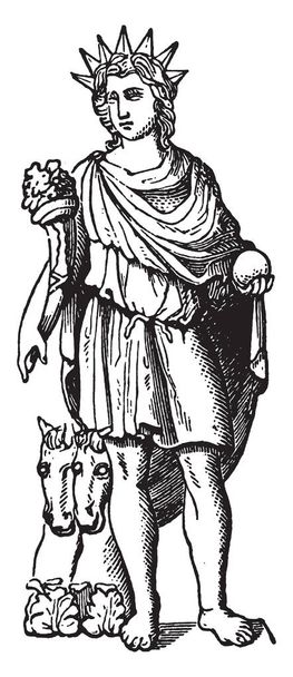 Esta foto es de Sol. Él era la deidad solar en la religión romana antigua y también es conocido como el joven dios sol griego, dibujo de línea vintage o ilustración de grabado
. - Vector, Imagen