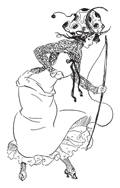 En esta foto una mujer sostiene una caña de pescar. También usa un sombrero, un dibujo de línea vintage o ilustración de grabado.
. - Vector, Imagen