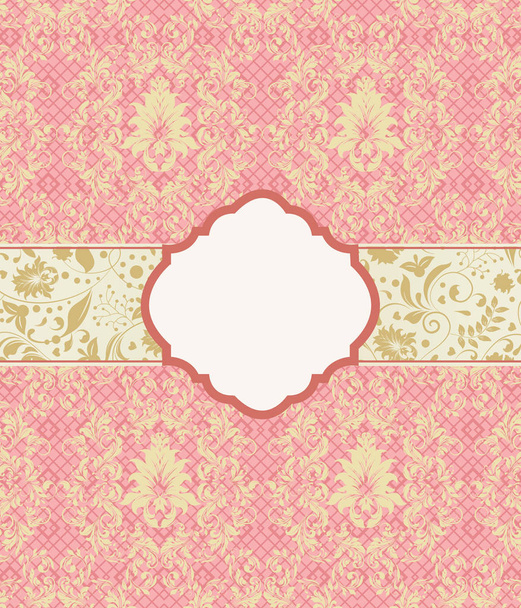 Tarjeta de invitación vintage con un elegante diseño floral retro abstracto adornado, flores y hojas de oro sobre un fondo de malla rosa coral claro con etiqueta de texto en placa. Ilustración vectorial
 - Vector, Imagen