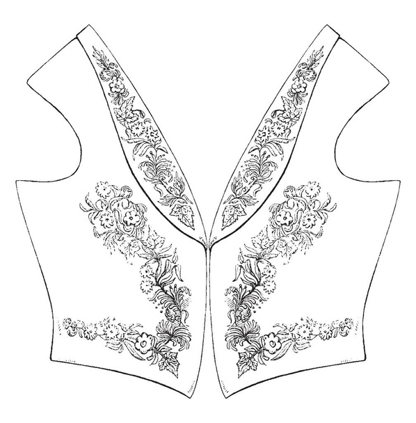 Vest dress is embroidered in gold, vintage line drawing or engraving illustration. - Vecteur, image