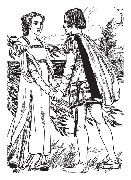 Egy férfi tartja kezében a nő állt előtte, vintage vonalas rajz vagy metszet illusztráció - Vektor, kép