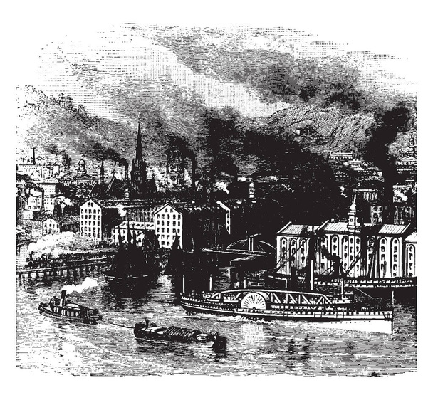 A mill town, also known as factory town or mill village. Smoke is coming out from the factories and there is a pond in which the boat is moving, vintage line drawing or engraving illustration. - Vector, Image
