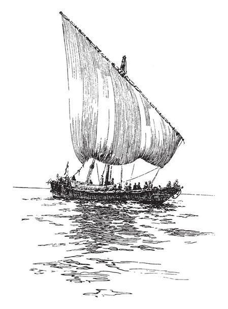 Köle Dhow geleneksel Yelkenli gemi ile bir veya daha fazla gemi direkleri lateen Kızıldeniz ve Hint Okyanusu Bölgesi, vintage çizgi çizme veya oyma resimde kullanılan Yelkenli bir dizi jenerik ismi. - Vektör, Görsel