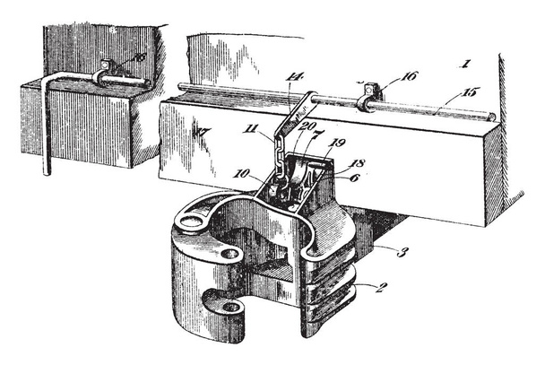Meccanismo di collegamento Rolling Car Coupler meccanismo viene utilizzato per il collegamento di materiale rotabile in un treno, linea d'epoca disegno o incisione illustrazione
. - Vettoriali, immagini