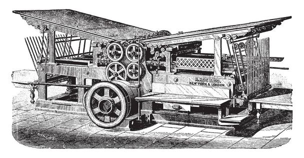 Deze afbeelding vertegenwoordigt dubbele cilinder druk waar het tot 1900 werd gebouwd, vintage lijntekening of gravure illustratie. - Vector, afbeelding