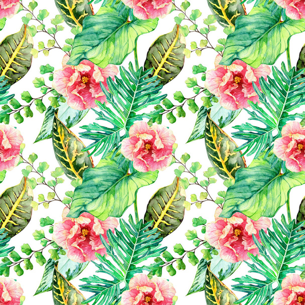 Hand drawn watercolor seamless pattern with tropical leaves and flowers. - Photo, Image
