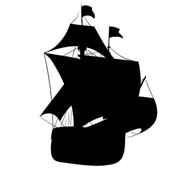 Old ship with sails silhouette isolated on white background. Vector illustration - Vector, Image