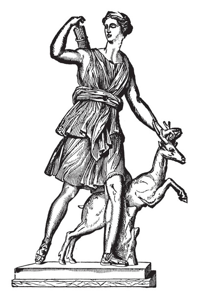 Dit is Diana's idool. Er is een hert aan haar kant en een pijl van de boog op de rug, vintage lijntekening of gravure illustratie. - Vector, afbeelding