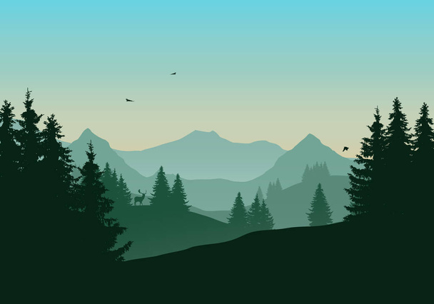 Vector εικονογράφηση τοπίο με βουνά και δάση με φυτείες κωνοφόρων, ελάφια και ιπτάμενα πτηνά υπό πράσινο το πρωί ή το βράδυ ουρανό - Διάνυσμα, εικόνα