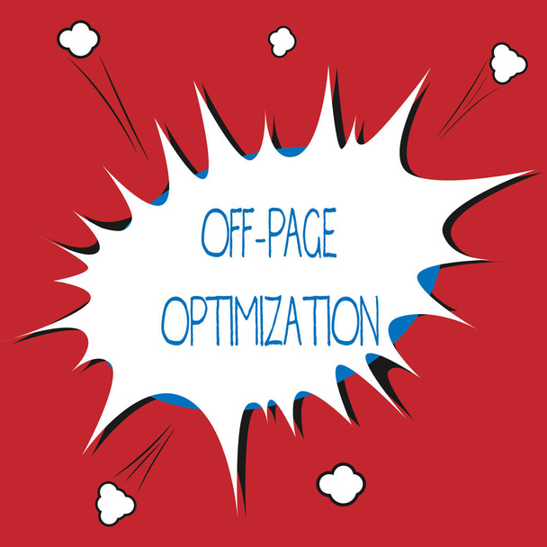 Schrijfnotitie met Off Page Optimization. Bedrijfsfoto presentatie Website Externe procespromotie Methode Ranking - Foto, afbeelding