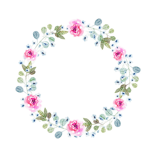 Hand drawn bright colorful watercolor flower wreath illustration - Φωτογραφία, εικόνα