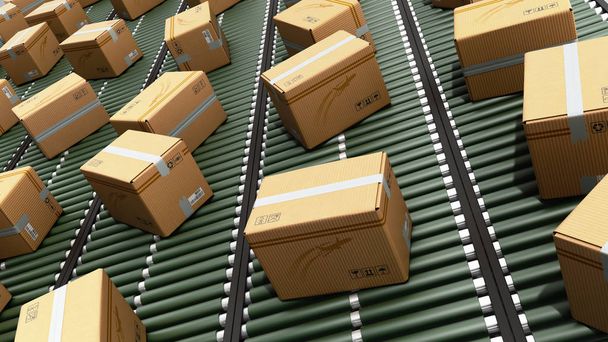 Modern paketleri teslim ambalaj hizmet ve paketler ulaşım sistemi kavramı karton kutular üzerinde konveyör 3d render - Fotoğraf, Görsel
