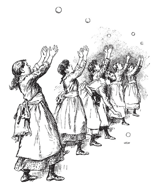 Seis mujeres bien vestidas están haciendo ejercicio de lanzamiento con bolas. Todas las bolas están en el aire excepto una, dibujo de línea vintage o ilustración de grabado
. - Vector, Imagen