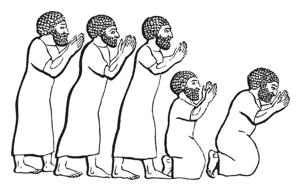 П'ять чоловіків, що стоять у черзі та поклоняються, вінтажний малюнок або гравюрна ілюстрація
 - Вектор, зображення