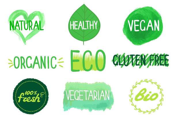 Öko, bio, bio, frisch, natürlich, vegan, vegetarisch, glutenfrei. Tags für Verpackungen, Cafés usw. Vektorillustration - Vektor, Bild