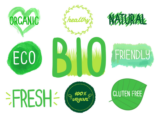 Öko, bio, bio, friss, természetes, vegán, vegetáriánus, gluténmentes ingyenes jelek. Címkék beállítása, csomagolás, kávézó, stb. Vektoros illusztráció - Vektor, kép