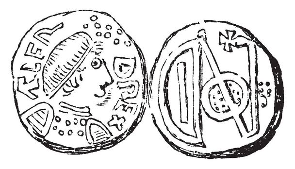 İngilizce Sakson ve Danimarka tek monarches İngiltere'nin pennies bir portre çizim için onları, vintage veya oyma illüstrasyon vardı nerede para. - Vektör, Görsel