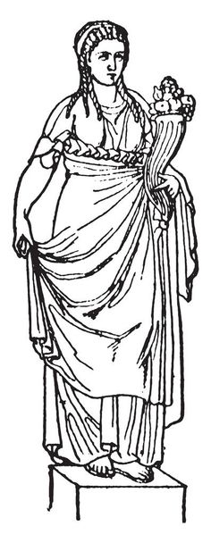 上げられたプラットホームに立っている女性。古代ローマの宗教の Abundantia として知られている豊富なヴィンテージの線描画や彫刻イラストの女神と見なされますと. - ベクター画像
