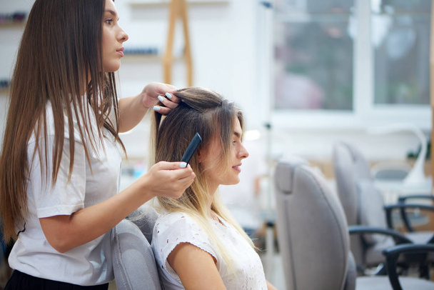 Side view of hairdresser doing bouffant to  customer in beauty salon - Φωτογραφία, εικόνα