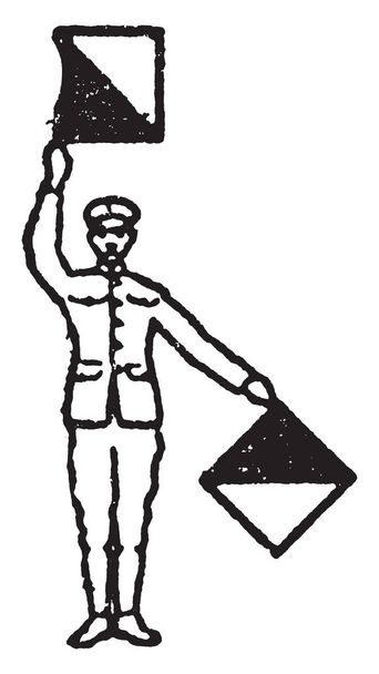 Signal de drapeau pour la lettre V, un homme tenant deux drapeaux, drapeau de droite en 180 degrés vers le haut, drapeau de gauche 45 degrés vers le bas à gauche, dessin de ligne vintage ou illustration de gravure
 - Vecteur, image