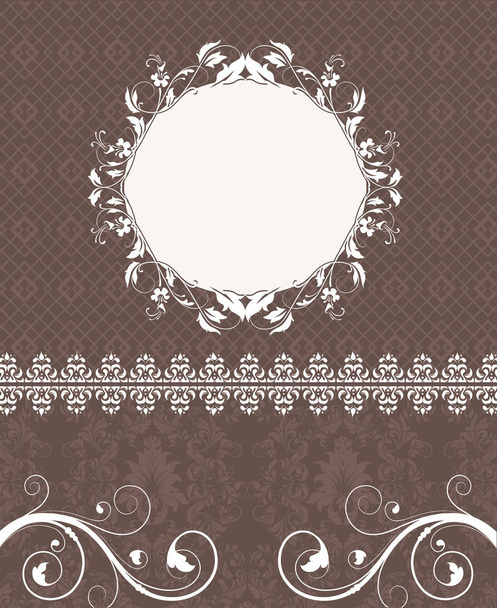 Tarjeta de invitación vintage con un elegante diseño floral retro abstracto adornado, flores blancas y hojas sobre fondo marrón grisáceo con cinta y etiqueta de texto en placa. Ilustración vectorial
 - Vector, imagen
