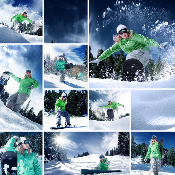 snowboarder θέμα κολάζ που αποτελείται από μερικές διαφορετικές εικόνες - Φωτογραφία, εικόνα